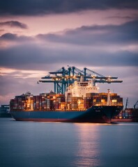 Fototapeta premium commercial transport ship loaded with containers near the harbor, long exposure photo 