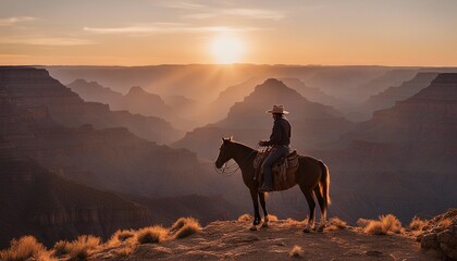 cowboy on a horse at the top of the mountainous grand canyon golden hour sunset. dijital art.

