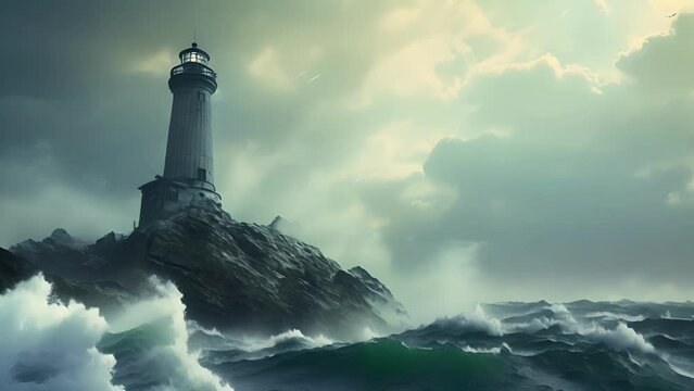 In the midst of the raging coastal storm, the lighthouse stood as a desolate island, its towering form a reminder of the unpredictable and treacherous nature of the sea. Fantasy animatio