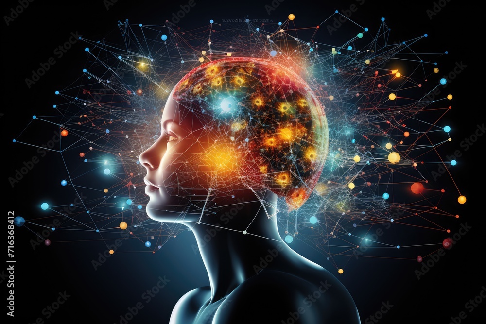 Poster neuron and neuronal connections colorful mindset. learning dynamics synaptic cleft, fostering cognit