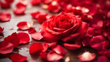 Red rose on a wooden table with rose petals  