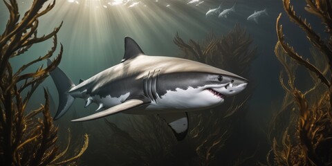 majestic great white shark glided through the kelp forest, its presence casting an ancient spell