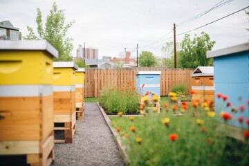 Fototapeta na wymiar wooden beehives lined up beside a blooming pollinator garden