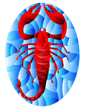 Illustration in stained glass style with abstract red  Scorpion on blue background,oval picture