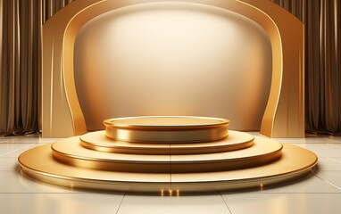Abstract empty neon glowing round frame Gold podium for product presentation and award
