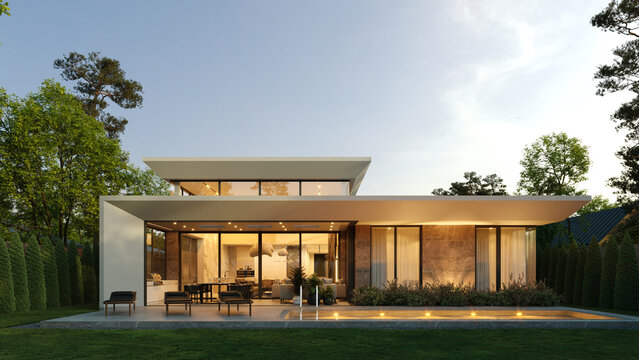 Modern one-story house with panoramic windows. House with a flat roof and a unique facade. Yard inside the house
