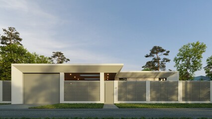 Modern one-story house with panoramic windows. House with a flat roof and a unique facade. Yard...