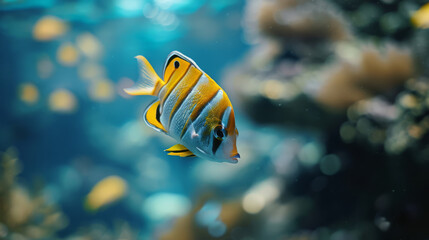 A colourful angelfish swimming in a blue underwater seascape. - obrazy, fototapety, plakaty