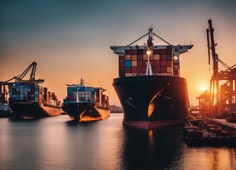long exposure photo in a commercial harbor, ships and containers, sunset
