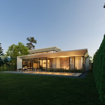 Modern one-story house with panoramic windows. House with a flat roof and a unique facade. Yard inside the house