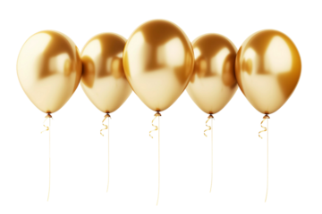 Golden helium birthday balloons on transparent background. Generative ai design.