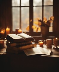 old hardcover books on a wooden table by the window, dim light, warm tones; autumn cozy home
