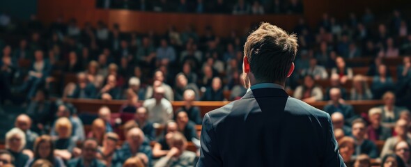 Speaker at Business Conference and Presentation. A speaker presents at a conference to an attentive audience, exemplifying leadership and knowledge exchange. AI generated