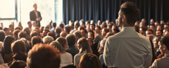Speaker at Business Conference and Presentation. A speaker presents at a conference to an attentive audience, exemplifying leadership and knowledge exchange. AI generated - obrazy, fototapety, plakaty