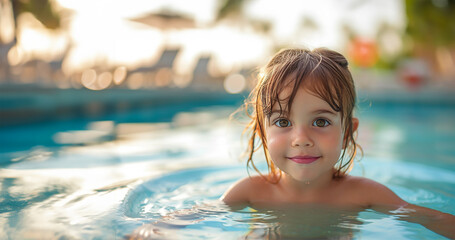 Fototapeta na wymiar Child Having Fun in Hotel Swimming Pool