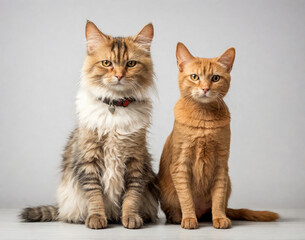 Two cats and sitting and looking straight. On white background