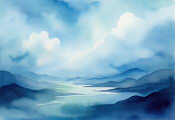 serene sky with various shades of blue watercolor brush strokes, giving the impression of a clear, tranquil day