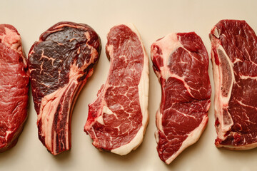 Raw prime meat steaks on beige background, top view - obrazy, fototapety, plakaty