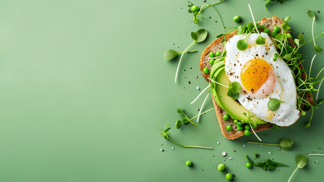 Toast with egg, avocado and greens for breakfast on green background, copy space
