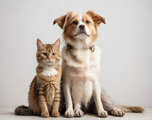 A cat and a dog sitting and looking straight. On white background