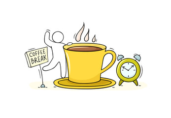 Coffee break concept with cup, clock and man