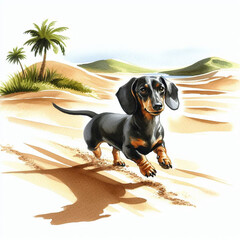 watercolor drawing a dachshund dog running on a sandy beach. The dog is black and brown, with long legs, a short snout, and a tail wagging in the air. The dog is surrounded by rolling hills.