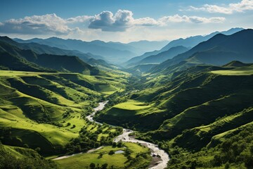 Naklejka premium Dramatic cloud-filled sky above a lush green valley, Generative AI