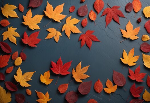 blue slate background, scattered with vibrant red autumn leaves