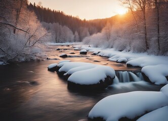 the river flowing through the snowy and wooded forest at sunset, golden hour 
