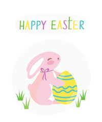 Happy easer postcard. Easter bunny with egg vector decor element isolated on white background.