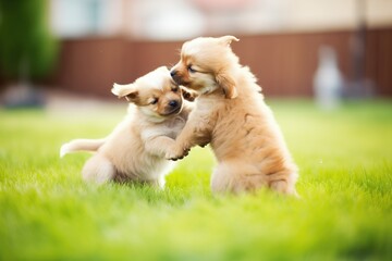 puppies playfighting on green grass