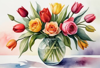 watercolor illustration of a bouquet of roses and tulips in a vase
