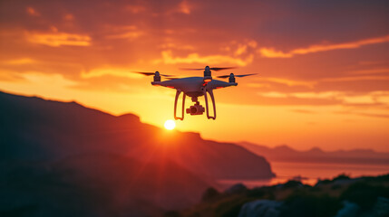 Quadcopter drone flying at sunset with camera over scenic mountains, capturing aerial photography, technology and adventure concept