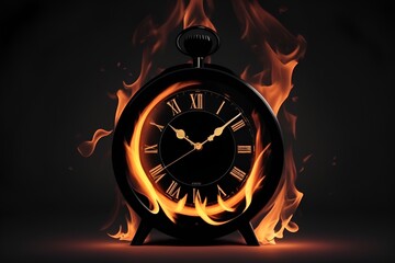 A black color clock on fire is isolated on black color background. time is money concept.