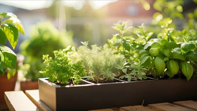 Closeup of a mini indoor herb garden kit, encouraging sustainable food choices and reducing food waste.