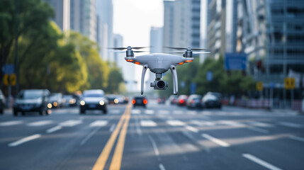 Quadcopter drone with camera flying over urban street with active traffic and cityscape backdrop, modern surveillance and technology concept - obrazy, fototapety, plakaty