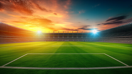 soccer field at football stadium with sky sunset