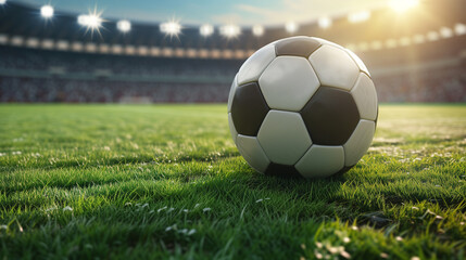 Soccer ball rests on lush green grass in a sports field under the sky, representing the essence of a football game with elements of competition, teamwork, and leisure