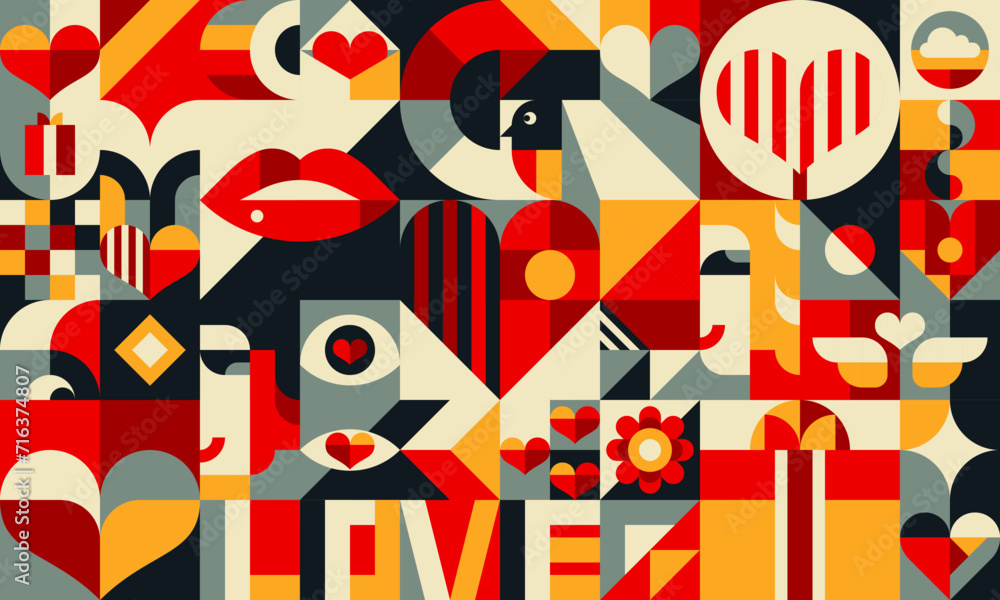 Poster Valentine modern geometric pattern. Abstract vector grid, minimal style background with simple shapes and figures of hearts, lips, wings and flowers, clouds or gift boxes black, red and yellow