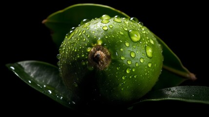 Fresh feijoas with water splashes and drops on black background