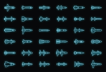 Air missile attack icons set. Outline set of air missile attack vector icons neon color on black