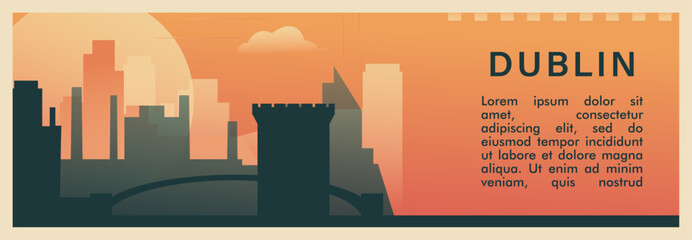 Dublin city brutalism vector banner with skyline, cityscape. Ireland capital retro horizontal illustration, old style travel layout for web presentation, header, footer
