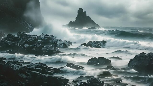 A stormy sea crashing against a rocky shore, the wind howling in harmony with the banshees mournful wails as she hovers above the turbulent waters, her cries a dire warning Fantasy animatio