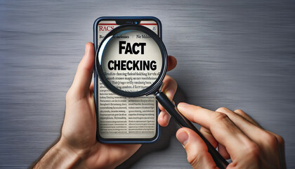 Hand holding a magnifying glass to fact check a news article.Fact checking is the process of verifying the factual accuracy of questioned reporting and statements.