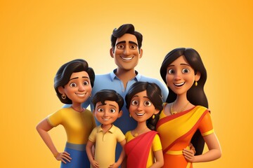 3D illustration of a happy Indian family with parents and children