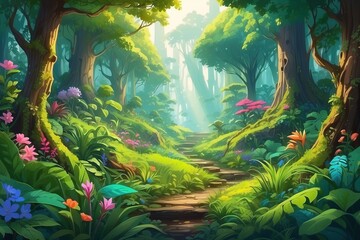 Fototapeta na wymiar A lush forest scene with vibrant greenery and a flourishing ecosystem to celebrate Earth Day