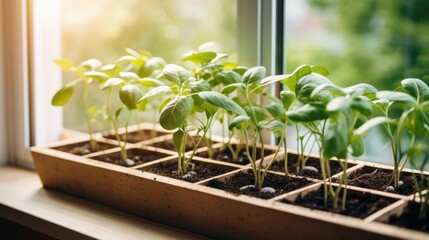Green indoors. Color of life. Seedlings are planted in boxes in a greenhouse. Seedlings on the windowsill against the background of the window. Sprouts in a wooden box.