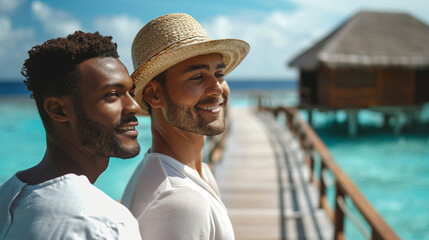 Beautiful gay couple on the vacation. Travel concept.  - obrazy, fototapety, plakaty