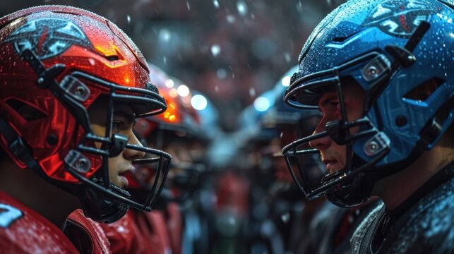 Two teams of men in football helmets stand face to face. Rivalry concept