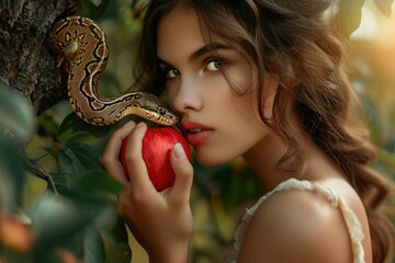 Enigmatic Woman Holding an Apple With a Serpent in Mystical Eden Setting